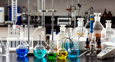 Laboratory glassware with colorful liquids on laboratory table. Science backgroundの素材