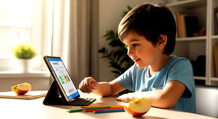 boy with tablet pc and pencils at home, online education conceptの素材