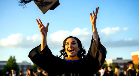 Happy female graduate in cap and gown with raised hands celebrating success.の素材