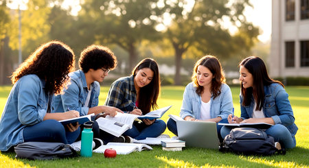 education, high school and people concept - group of smiling students with notebooks and laptop computers studying outdoorsの素材