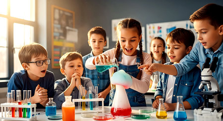 education, elementary school, education and people concept - group of happy kids with test tubes making science experiments at schoolの素材