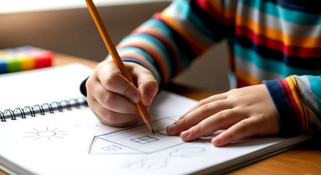Close up of a child's hand drawing a house in a notebookの素材