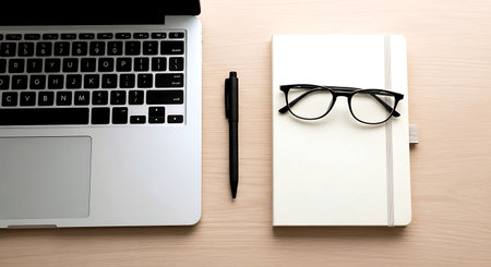 Notebook, pen and glasses on a wooden table. Top viewの素材