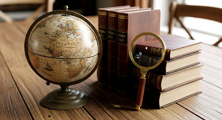 Globe, magnifying glass and books on a wooden table.の素材