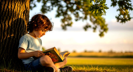 Little boy reading a book under a tree in the park at sunsetの素材