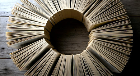 Open book on a wooden table. Top view. Copy space.の素材