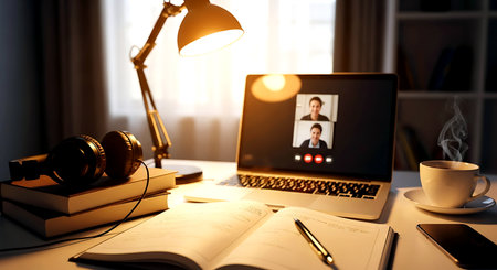 Video conference concept. Video conference on laptop screen. Online meeting.の素材