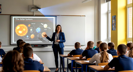 education, elementary school, learning and people concept - teacher with globe in classroomの素材