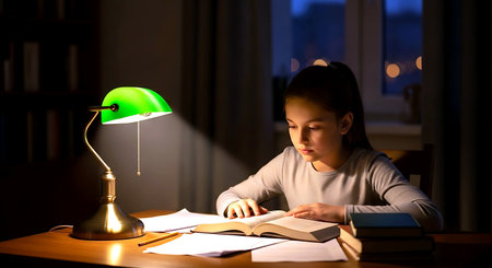 Cute little girl doing homework at night in the dark room.の素材