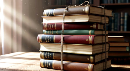 Pile of old books on wooden table in library. Education conceptの素材