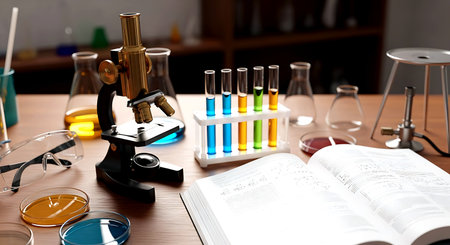 Microscope and test tubes on table in laboratory. Science and educationの素材
