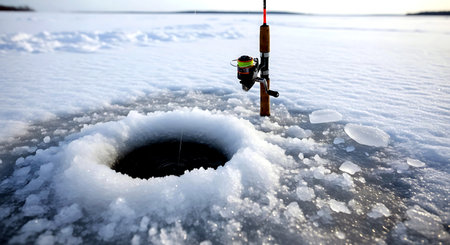 Fishing rod and reel in hole in ice. Winter fishing.の素材