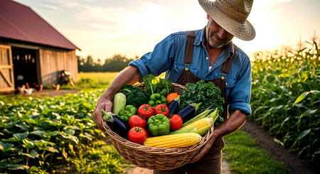 Farmer holding a basket full of fresh vegetables in the field at sunsetの素材