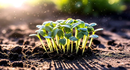 Green seedling illustrating concept of new life with sunflare effectの素材