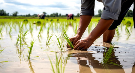 Farmer planting rice seedlings in the paddy field, Thailandの素材