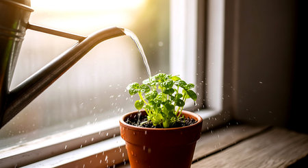 Watering basil plant in a pot on the windowsill with sunlightの素材