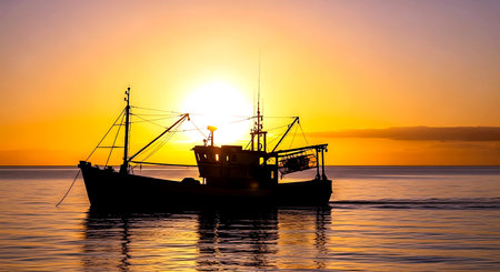 Fishing boat in the sea at sunset. Sunset in the sea.の素材