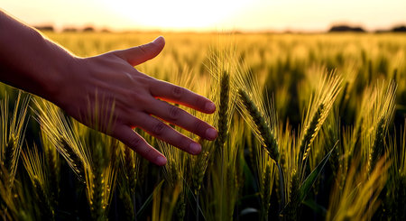 Farmer hand touching green wheat field at sunset. Agriculture and farming conceptの素材