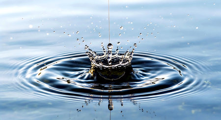 Falling drops of water. Splash effect after collision a falling drops with water Surfaceの素材