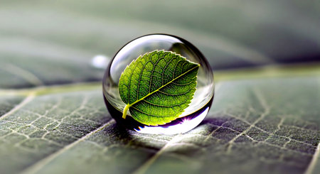 Green leaf in a transparent glass ball on a green leaf background.の素材