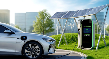 EV charging station for electric car with solar panel on the background. 3D rendering.の素材