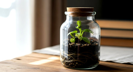 Plant seedling in a glass jar on a wooden table.の素材