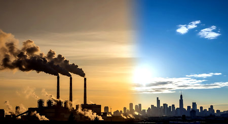 Industrial landscape with chimney of power plant and city skyline at sunsetの素材