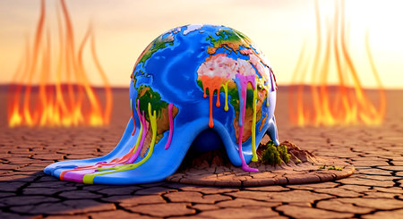 Global warming concept. 3d render of a human skull melting on the groundの素材