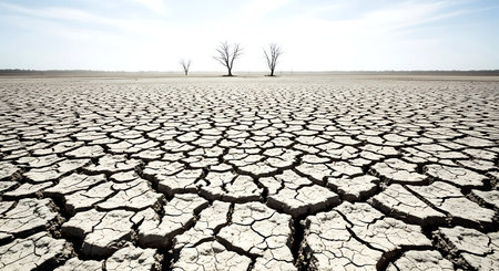 Dry and cracked earth with dead trees. Global warming concept.の素材