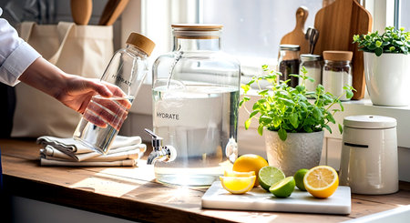 Woman pouring water from a bottle into a glass with lemon and mintの素材