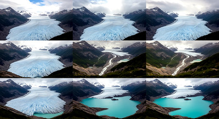 Collage of glaciers in the mountains. 3D Rendering.の素材