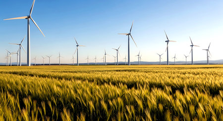 Wind turbines in a wheat field with blue sky in the background.の素材