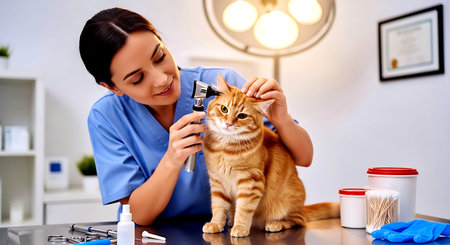 medicine, pet, animals and people concept - happy veterinarian with cat in vet clinicの素材