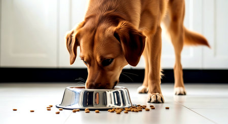 Dog eating food from a bowl at home. Selective focus.の素材