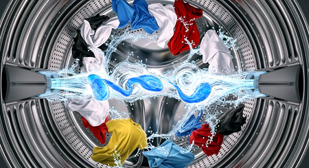 Colored clothes splashing out of a washing machine, 3D renderingの素材