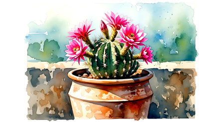 Watercolor illustration of cactus with pink flowers in a pot.の素材