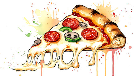 Illustration of a slice of pizza on a white background with splashesの素材