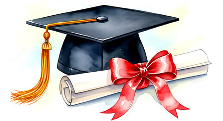 Illustration of a Graduation Cap and Diploma with Red Ribbonの素材