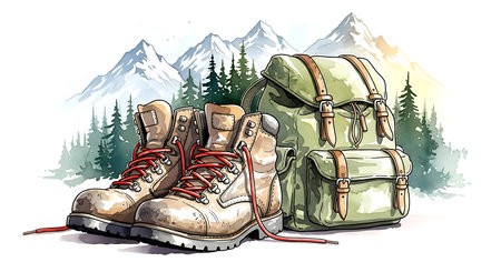 Hiking boots and backpack in the mountains. Watercolor illustration.の素材