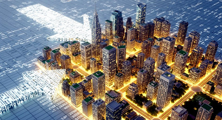 3D rendering of a futuristic city. Skyscrapers and high-rise buildings.の素材