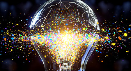 Glowing light bulb on dark background with colorful particles. 3D renderingの素材