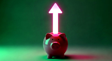 Pink piggy bank with arrow up on green background. 3D renderingの素材