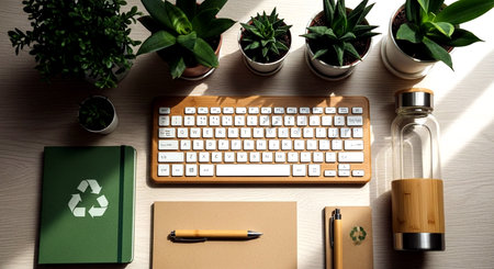 Top view of office desk table with keyboard, supplies and green plants.の素材
