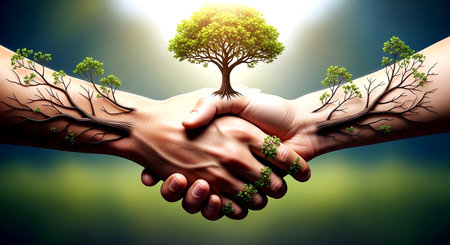 Conceptual image of human hands holding a tree  Ecology conceptの素材
