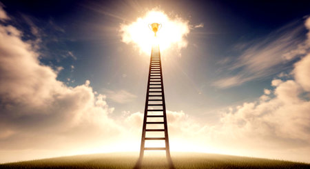 Conceptual image of a ladder leading to a shining light bulbの素材