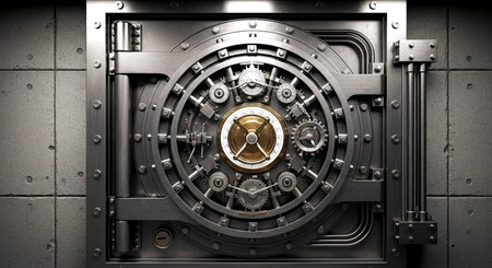 Close-up of an open metal bank vault door. 3D renderingの素材
