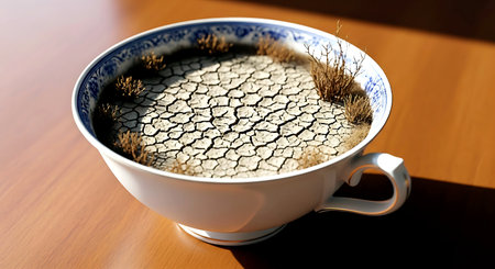 Cup of tea with dry cracked earth on the wooden table.の素材