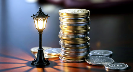 Pile of coins and a street lamp on a dark background.の素材