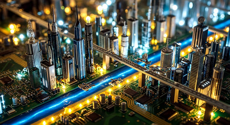 Close-up of a microcircuit on the background of the night cityの素材