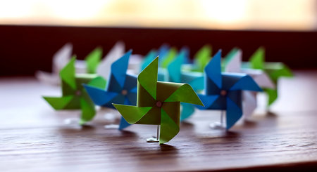 Paper windmill on wooden table, close-up. Concept of ecologyの素材